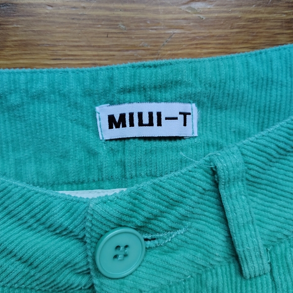 Miui-T Corduroy Pants Size 28" Green Baggy Y2K Wide Leg Graffiti Detail Raw Hem - Picture 2 of 7
